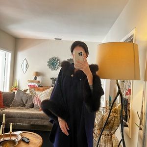 St. John navy fox fur trimmed cape / poncho